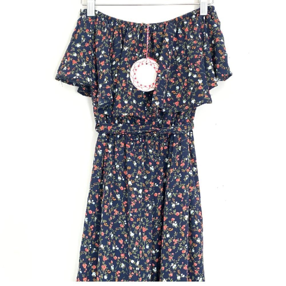 Umgee Be Playful Navy Ditsy Floral Strapless Ruffle Boho Jumpsuit Size S